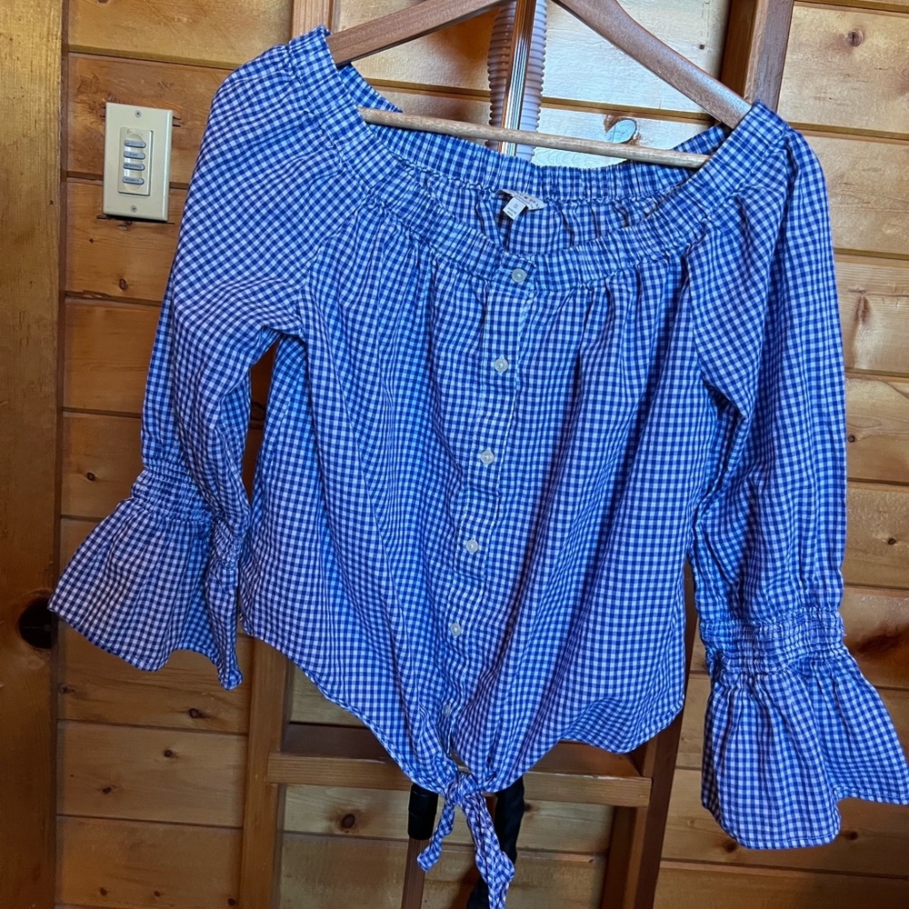 Adorable Off-Shoulder Blue & White Gingham Tie-Front Top